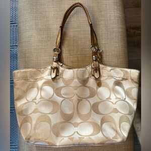 Y2K Vintage Coach Beige Signature Jacquard Tote with Tan Leather Trim